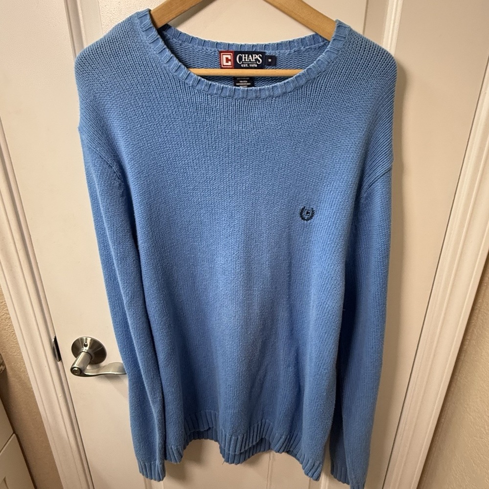 Chaps Men's M Blue 100% Cotton Crewneck Knit Sweater Embroidered Logo